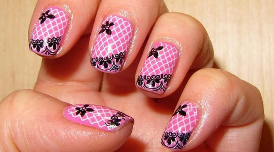 Lace nail art in pink