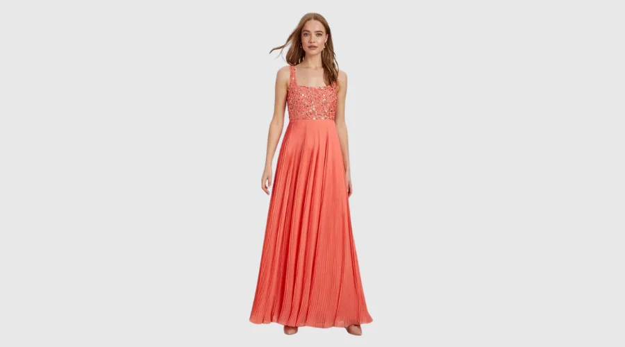 Square Neck Embellished Pleated Maxi Dress | thesinstyle 