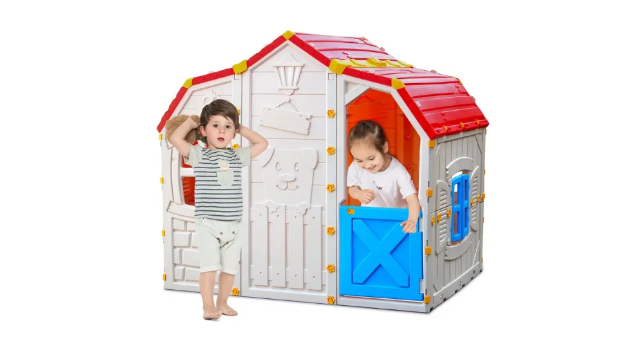 Costway Kids Playhouse Realistic Cottage Playhouse with Openable Windows & Working Door