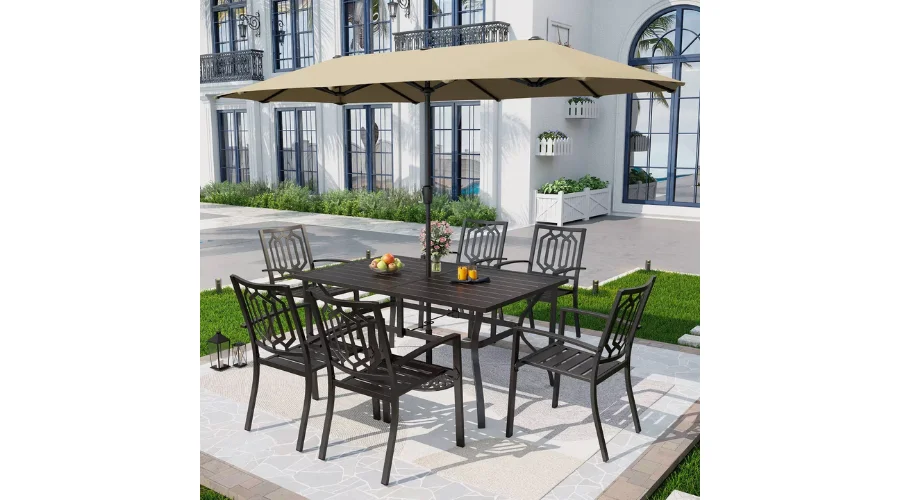 8pc Outdoor Dining Set with Metal Slat Top Table & Wrought Iron Chairs | Thesinstyle
