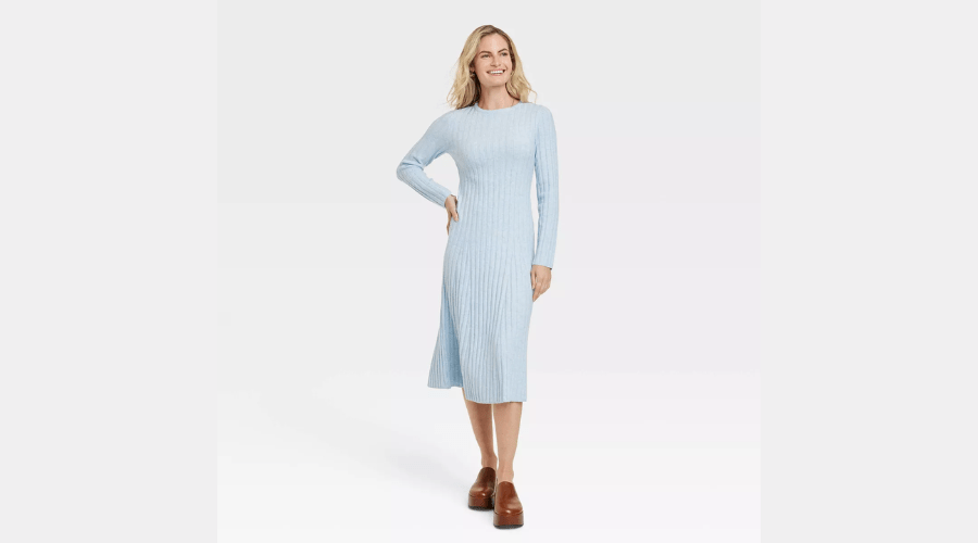 Long Sleeve Midi Ribbed Sweater Dress for Women