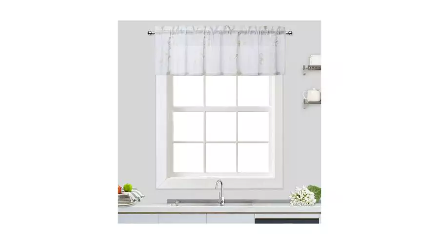 Floral Embroidered Voile Sheer Short Kitchen Curtains for Small Windows Bathroom 