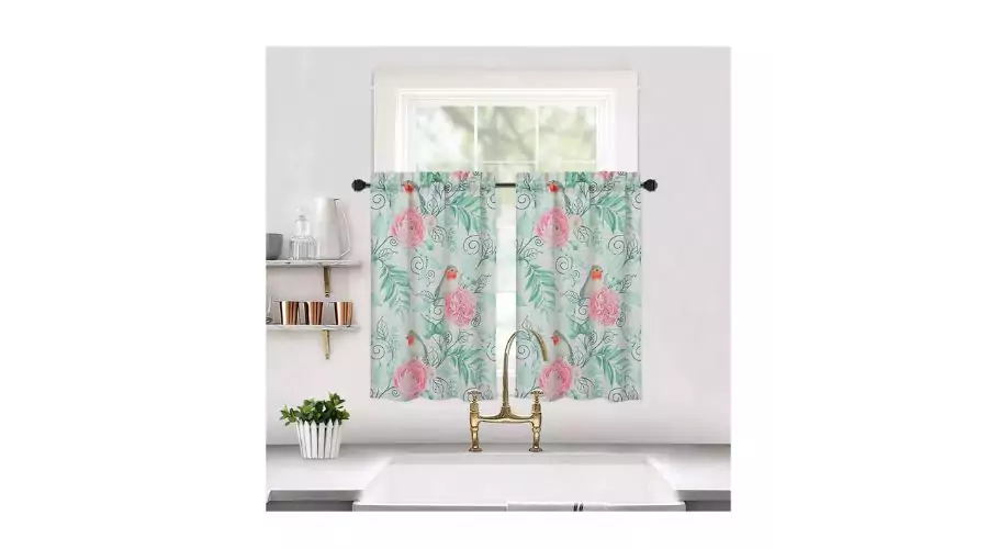 Linen Blend Bird Floral Print Short Kitchen Curtains For Small Window Bathroom 