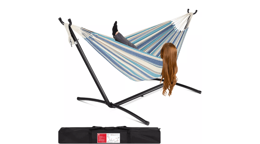 2-Person Brazilian-Style Cotton Double Hammock with Stand Set