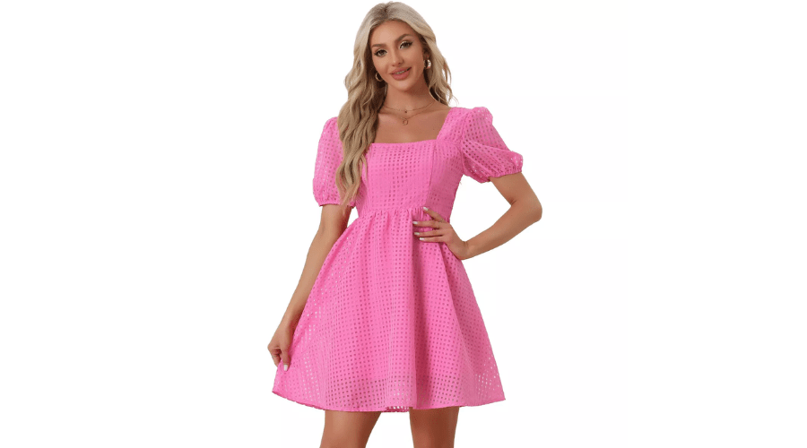 Allegra K Women’s Short Sleeve Pink Summer Casual Square Neck Flowy A-Line Short Dress 