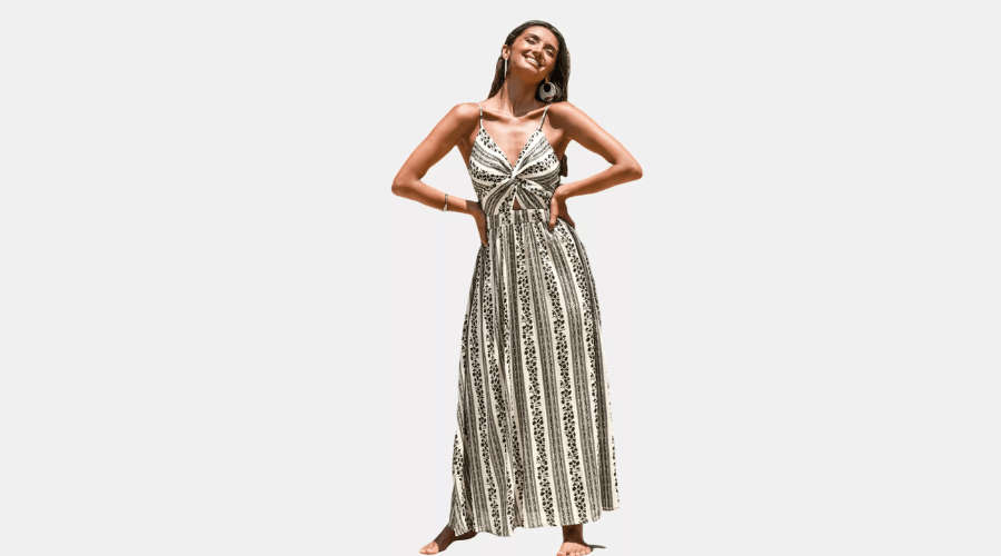 Floral & Stripe front twist Sleeves maxi beach dresses for women