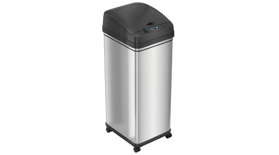 Rolling Sensor iTouchless 13 Gallon Silver Stainless Steel Kitchen Trash Can with AbsorbX Odor Filter and Wheels  | Thesinstyle