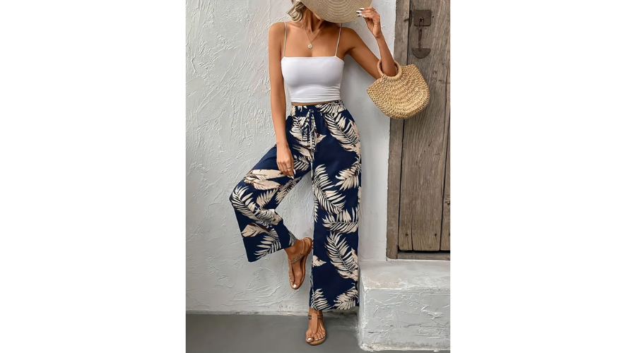 Women’s Tropical Leaf Print Wide Leg Casual Pants